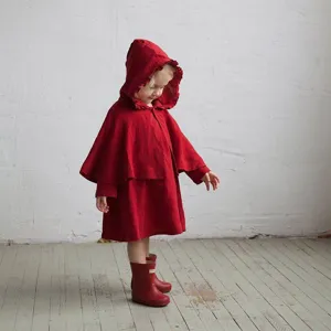 Red hooded cape for kids toddler girl wool blend cloak with ruffle brim winter warm cape