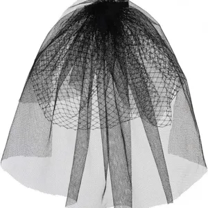 Black mesh bridal birdcage veil with comb, short retro wedding hair accessory detail view.