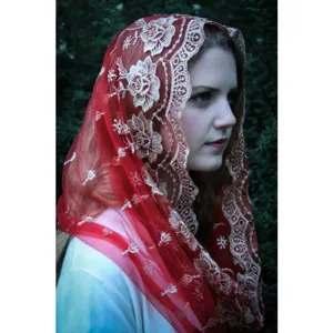 Red mesh embroidered lace veil head covering product detail showcasing delicate floral patterns