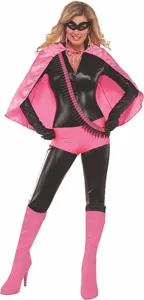 Adult women's pink and black superhero costume outfit including cape, bodysuit, and boots for party.
