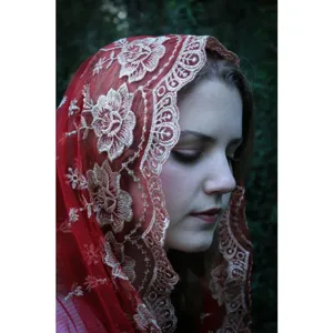 Close-up detail of the elegant red mesh embroidered chapel veil, showing exquisite lace patterns.