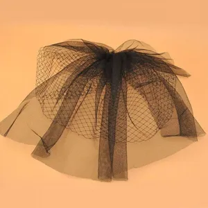 Black mesh birdcage wedding veil close up detail, elegant bridal hair accessory net design.