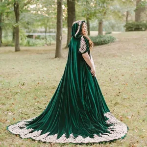 Dark green velvet hooded cloak with gold embroidery lace, long medieval cape for Halloween cosplay.