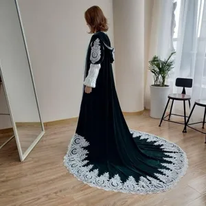 Dark green velvet hooded cloak with white lace trim, long trailing cape for cosplay events.