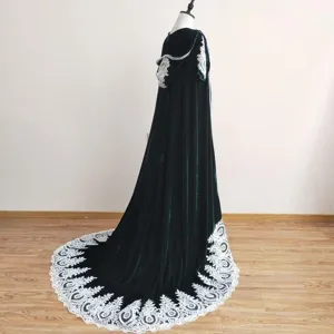 Elegant dark velvet hooded cloak with white lace embroidery for Halloween, gothic and medieval.