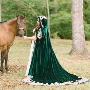 Dark green velvet hooded cloak with intricate white embroidery, perfect for medieval or Halloween events.