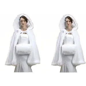 Cape de mariage d'hiver en fausse fourrure blanche avec manchon chaud pour femme manteau