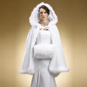 Cape de mariée à capuche en fausse fourrure blanche hiver chaud court châle en velours.