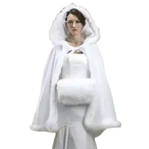 Hiver chaud fausse fourrure blanche mariée capuche cape courte luxueuse peluche mariage manteau