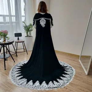 Long black velvet hooded cloak with dramatic lace embroidery and sweeping train for costume.