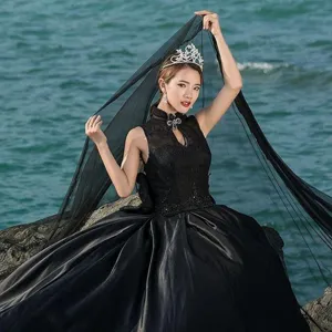 Black bridal veil gothic wedding dress set photography prop soft mesh net elegant gown.