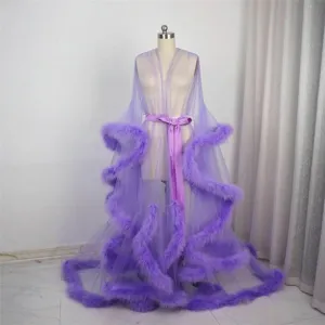 Robe de Soirée Sexy en Maille Transparente pour Femme Avec Bordure en Plumes d'Autruche Manches Évasées Cape Longue Transparente Pour Scène