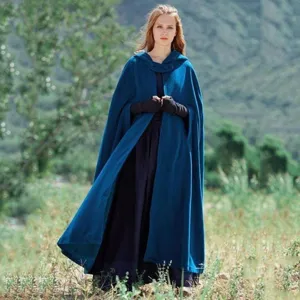 Women long hooded blue cloak cape winter warm outdoor vintage woolen coat apparel details.