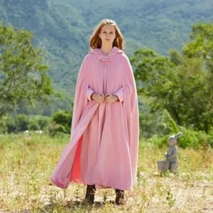 Women winter warm pink long hooded cape cloak elegant outdoor woolen shawl coat detail view