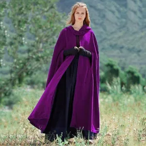 Detailed view of the elegant women's long purple hooded winter warm fashion cloak cape.