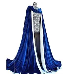 Royal blue velvet cloak detail, white lining, floor-length train, elegant winter costume cape design.