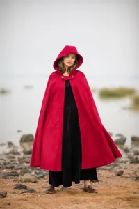 Women's Winter Warm Red Hooded Cape Coat Double-Faced Cashmere Long Cloak Outerwear