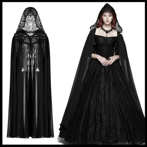 Gothic black hooded cloak and dress set, perfect for Halloween, cosplay, and photography.