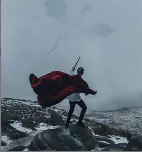 Red velvet cloak cape for medieval cosplay, vintage hooded costume for Halloween party events.