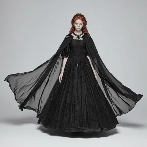 Gothic black long dress with flowing cape, perfect for Halloween, cosplay, and photography.