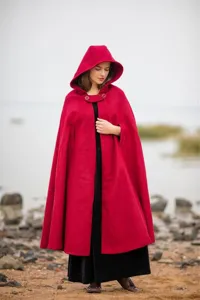 Women red hooded wool blend cape winter warm cloak stylish outerwear for festive seasonal wear