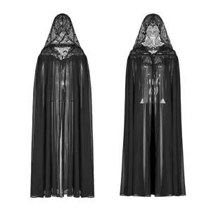 Black lace hooded cloak sheer cape gothic shawl halloween costume detail view accessory