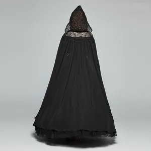 Black lace hooded cloak detail view, elegant back design for gothic and Halloween costumes.