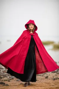 Red hooded wool cape winter warm cloak coat for women elegant holiday outerwear apparel style