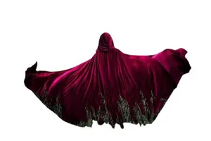 Exquisite red velvet hooded cloak detail shot, perfect for cosplay, Christmas, and photo shoots.