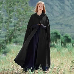 Women black hooded long cloak winter warm cape coat elegant outdoor apparel detail view.