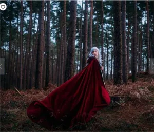 Burgundy velvet hooded cloak for cosplay, Halloween, and Christmas party costume wear.