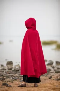 Red hooded wool cape cloak for women, winter warm long outerwear for Christmas and daily wear.