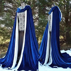 Royal blue velvet hooded cloak with white lining, perfect for medieval cosplay and Halloween.