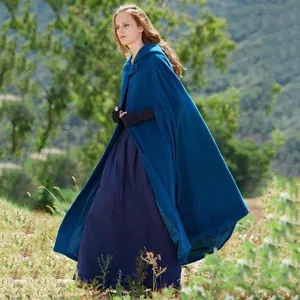 High quality women hooded wool blend cape winter warm vintage long cloak outdoor outerwear