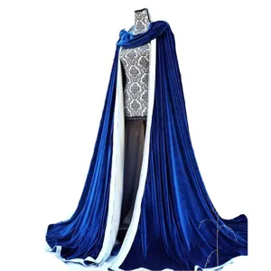 Royal blue velvet cloak cape with white lining, long winter medieval cosplay costume.