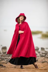 Women red hooded wool blend cape winter warm cloak coat outer wear elegant apparel
