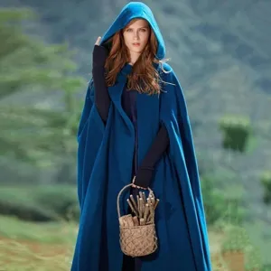 Women's blue hooded wool blend cape coat winter outdoor warm cloak elegant outerwear detail view