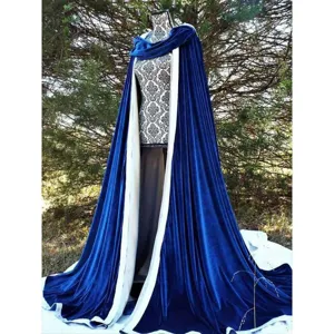 Royal blue velvet cloak cape with white lining, long winter costume for Halloween party.