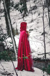 Red hooded velvet cloak for women, perfect for Christmas, Halloween and artistic photography.