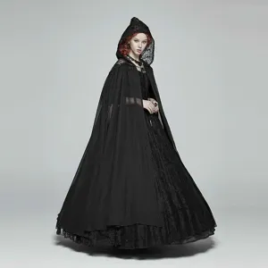 Gothic black lace hooded cloak cape for Halloween cosplay and dark aesthetic photography.