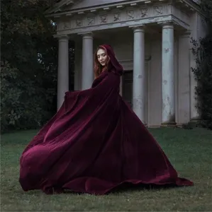 Burgundy velvet hooded cloak cape for cosplay Halloween Christmas party theatrical costume