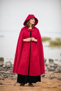 Women winter warm red hooded wool blend cape coat vintage long winter outerwear cloak
