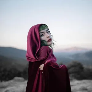 Women red velvet hooded cloak cape for Christmas Halloween costume cosplay party wear.
