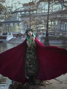 Detailed view of the elegant deep red cloak, featuring flowing fabric and dramatic scene.