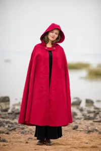 Women's red hooded winter wool blend cape coat, warm thick outerwear with double buttons.