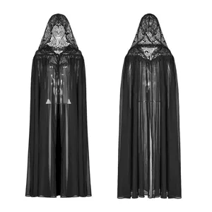 Gothic Hooded Lace Patchwork Chiffon Cape Long Cloak For Halloween Cosplay Photography Apparel Unisex