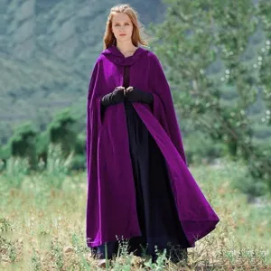 Women winter long hooded woolen cloak elegant purple cape warm outdoor outerwear coat