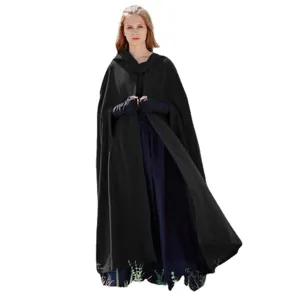 Women winter warm long hooded cloak cape solid black vintage outerwear stylish shawl coat