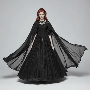 Gothic black lace long dress and flowing cape set for women Halloween cosplay party costume.