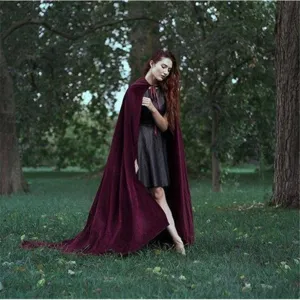 Burgundy velvet cloak long vintage hooded cape for women halloween cosplay costume party wear